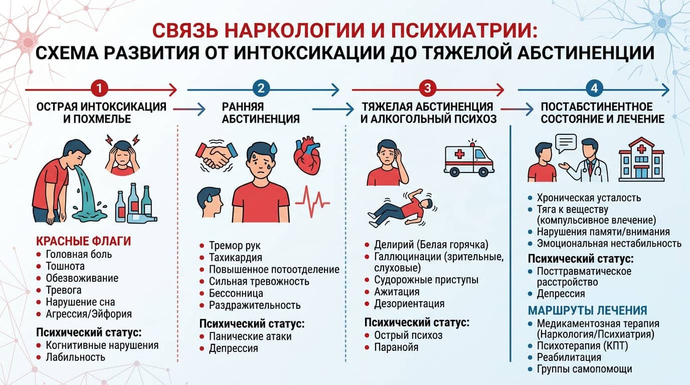 Схема развития состояния от интоксикации и похмелья до тяжелой абстиненции